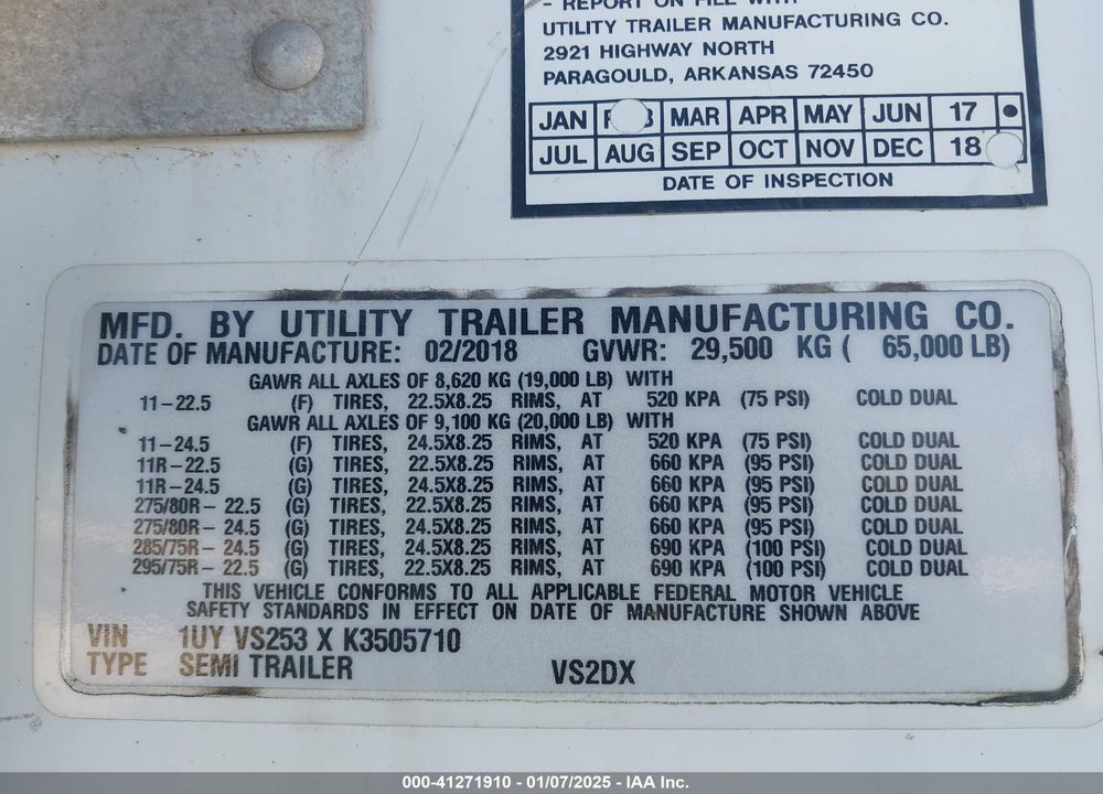 2019 UTILITY TRAILER MFG VIN: 1UYVS253XK3505710
