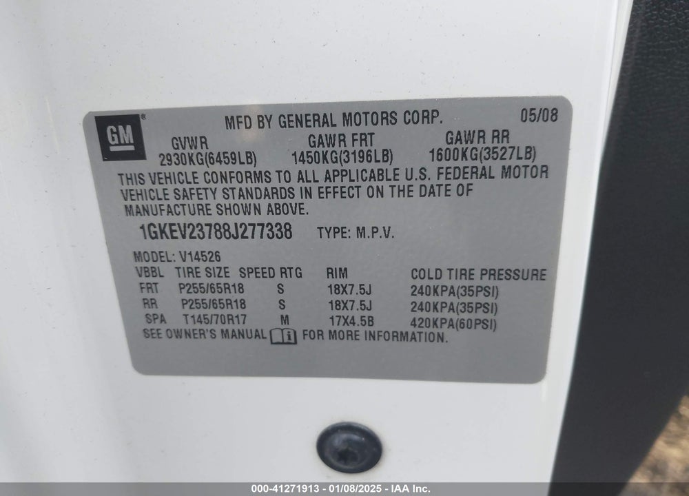 2008 GMC ACADIA SLT-1 VIN: 1GKEV23788J277338