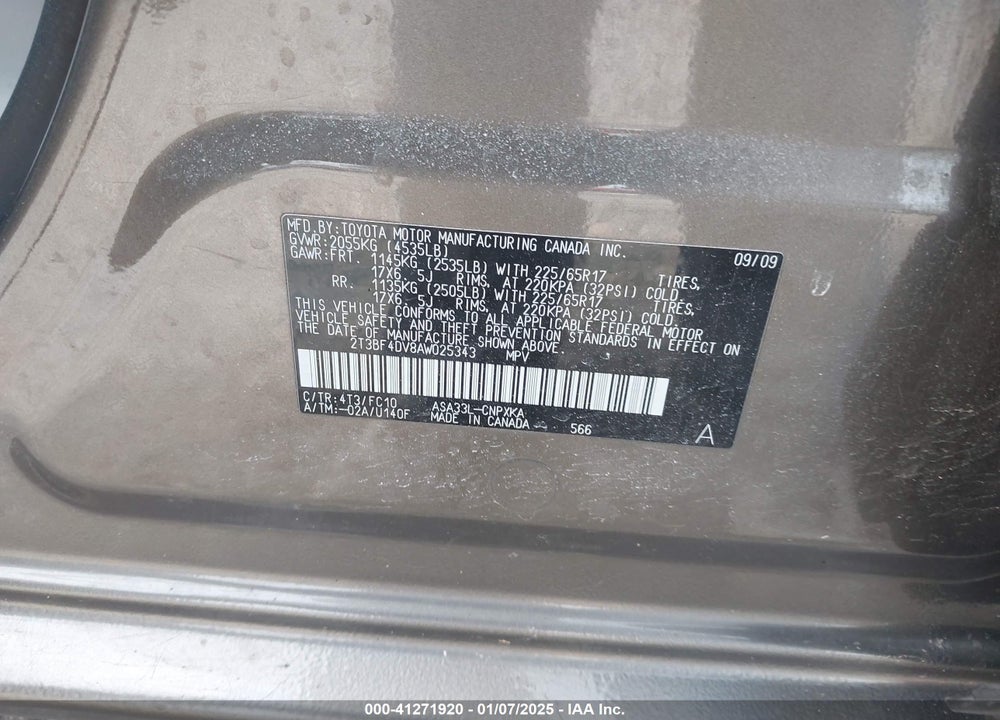 2010 TOYOTA RAV4 VIN: 2T3BF4DV8AW025343