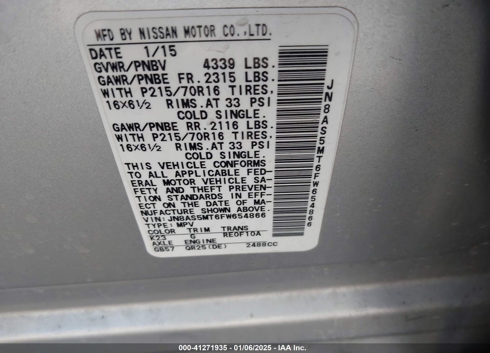 2015 NISSAN ROGUE SELECT S VIN: JN8AS5MT6FW654866
