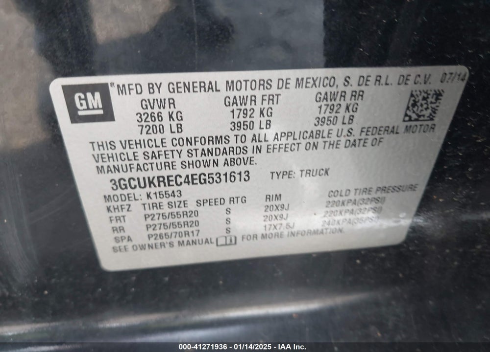 2014 CHEVROLET SILVERADO 1500 1LT VIN: 3GCUKREC4EG531613