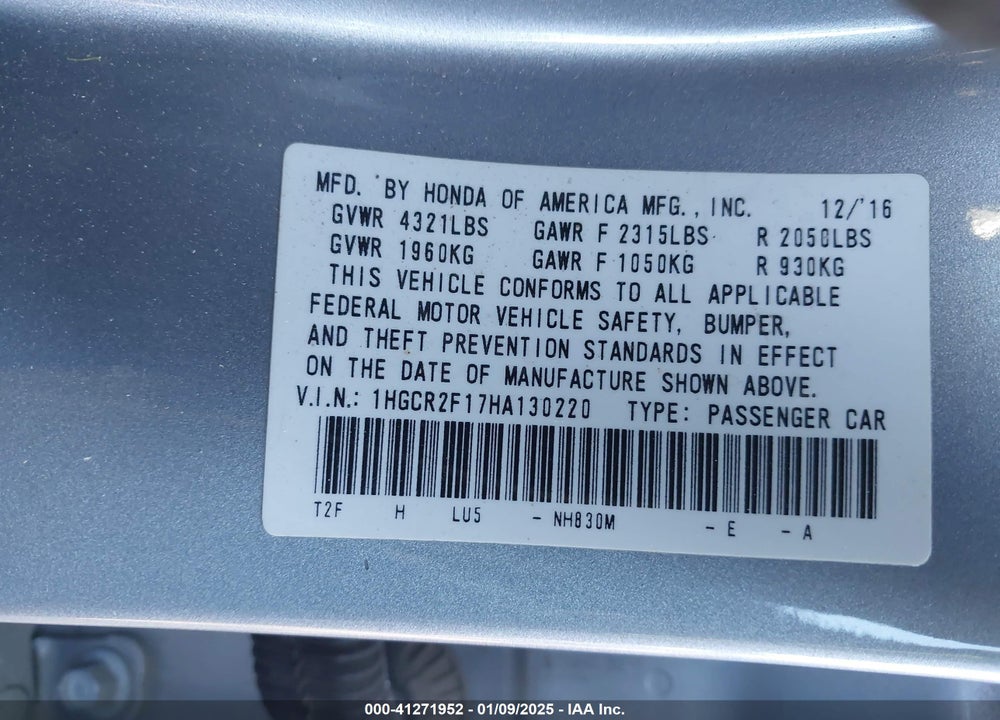 2017 HONDA ACCORD VIN: 1HGCR2F17HA130220
