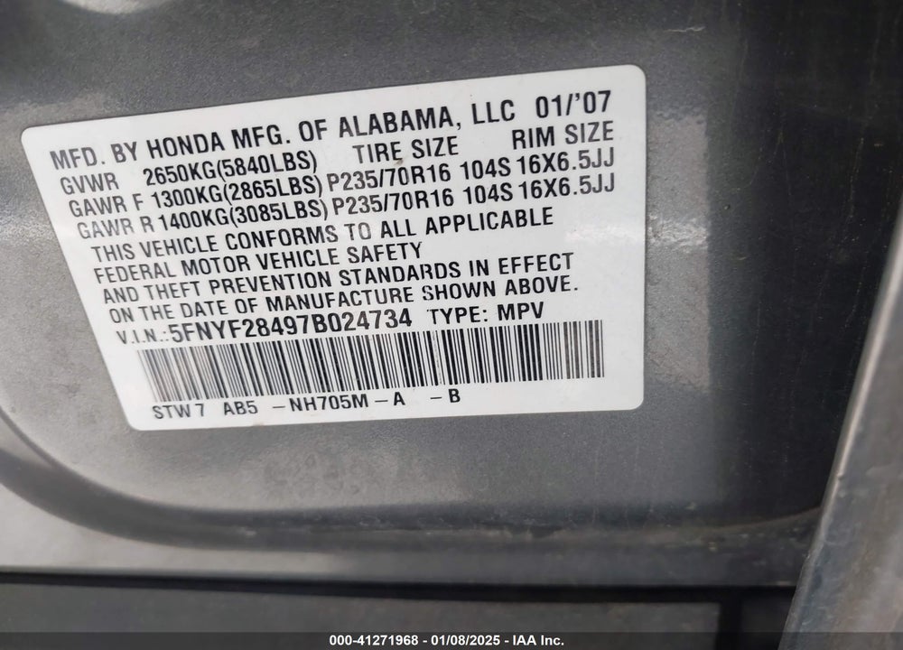 2007 HONDA PILOT EX VIN: 5FNYF28497B024734