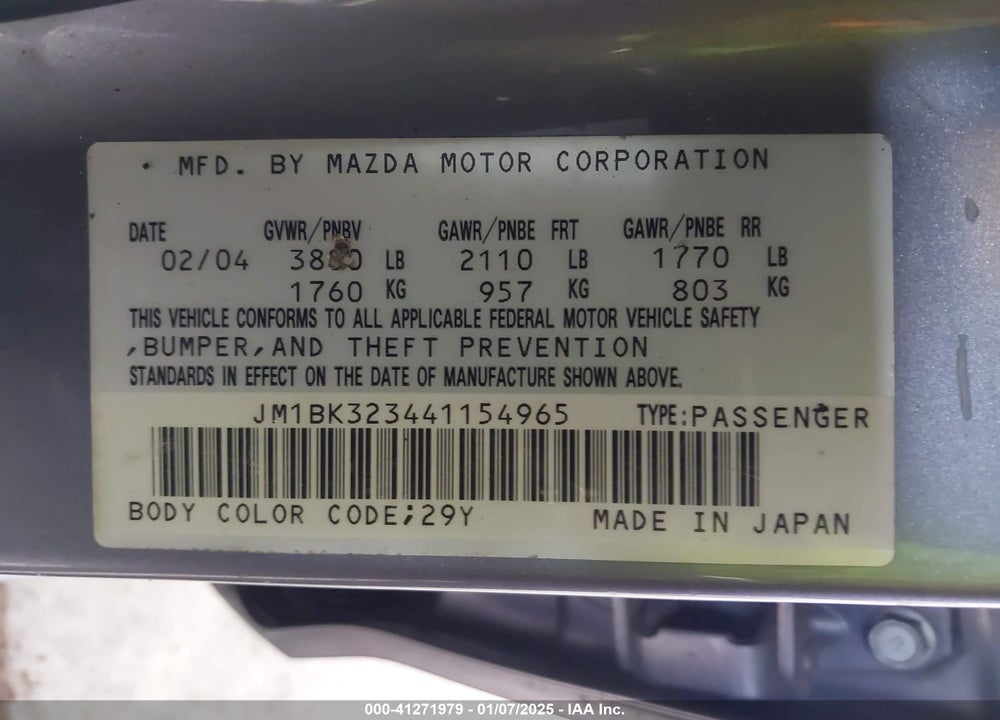 2004 MAZDA 3 S VIN: JM1BK323441154965
