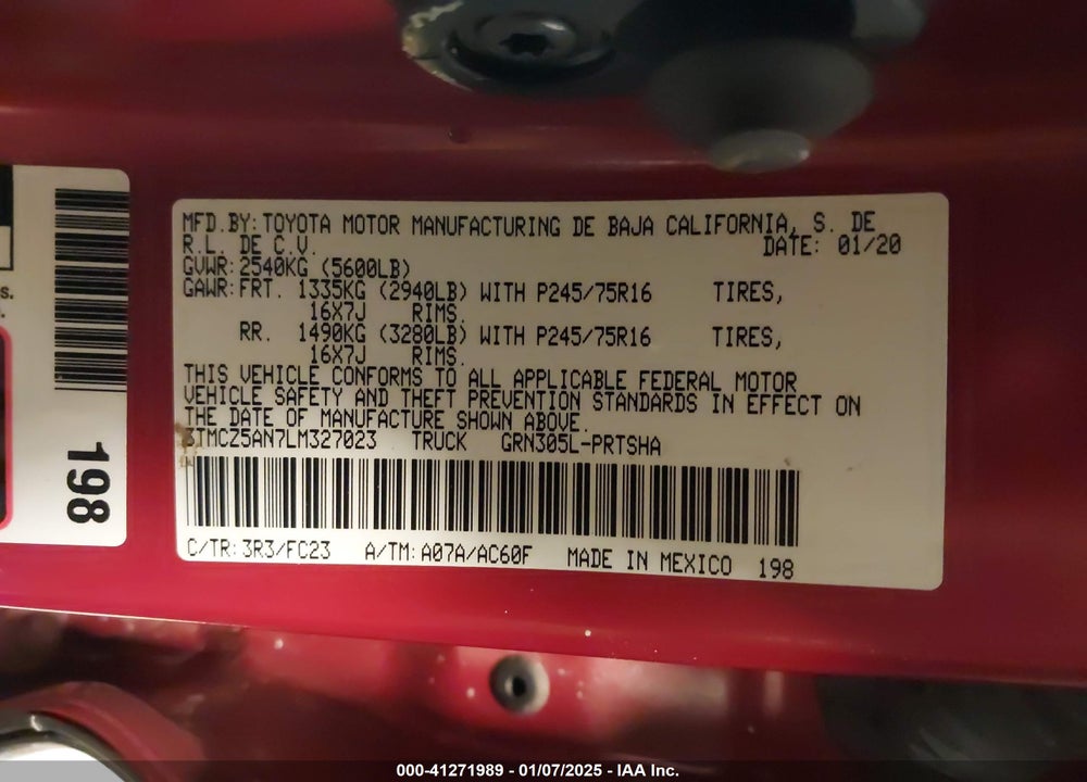 2020 TOYOTA TACOMA VIN: 3TMCZ5AN7LM327023