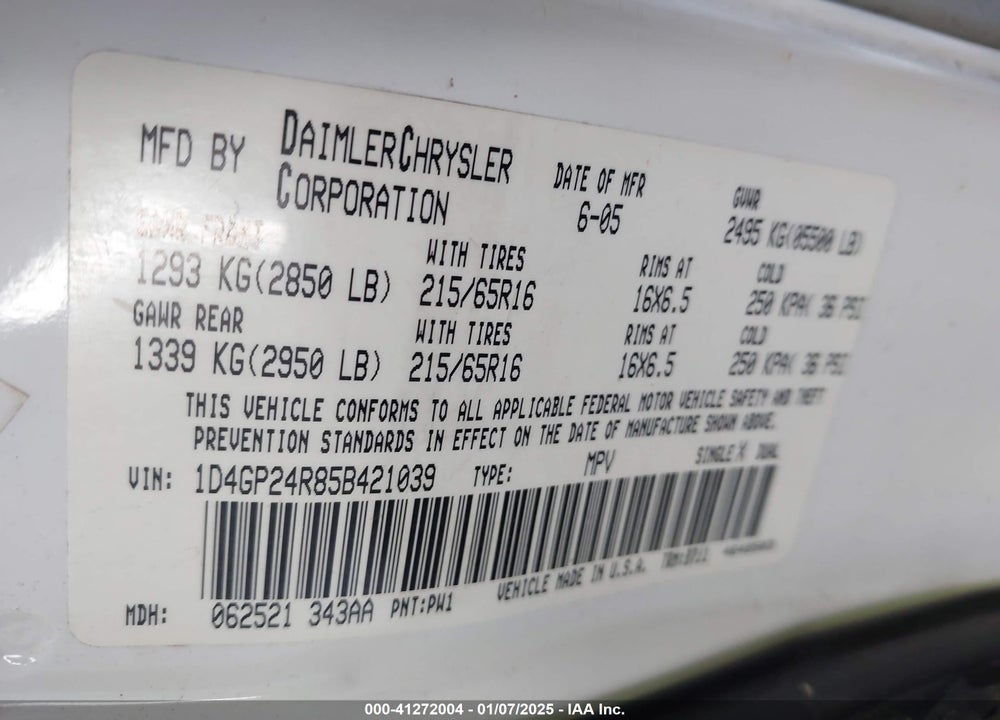 2005 DODGE GRAND CARAVAN SE VIN: 1D4GP24R85B421039