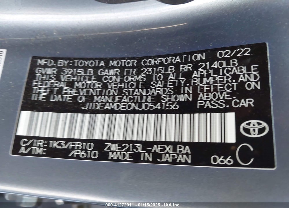 2022 TOYOTA COROLLA VIN: JTDEAMDE0NJ054156