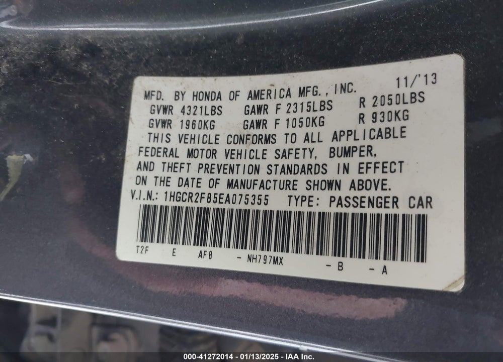 2014 HONDA ACCORD VIN: 1HGCR2F85EA075355