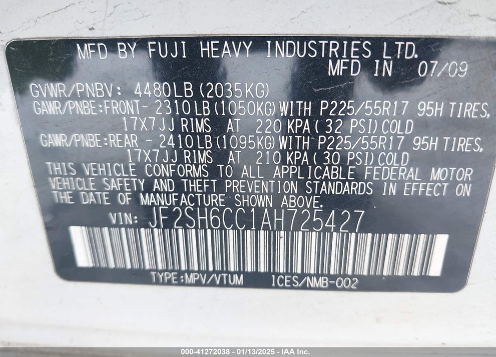 2010 SUBARU FORESTER 2.5X PREMIUM VIN: JF2SH6CC1AH725427