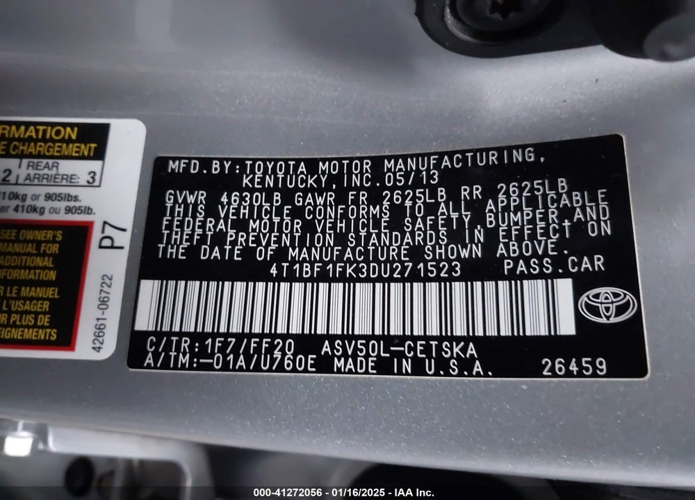 2013 TOYOTA CAMRY VIN: 4T1BF1FK3DU271523