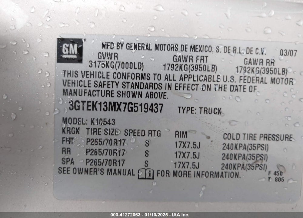 2007 GMC SIERRA 1500 SLT VIN: 3GTEK13MX7G519437
