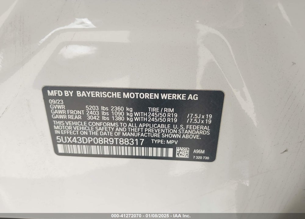 2024 BMW X3 SDRIVE30I VIN: 5UX43DP08R9T88317