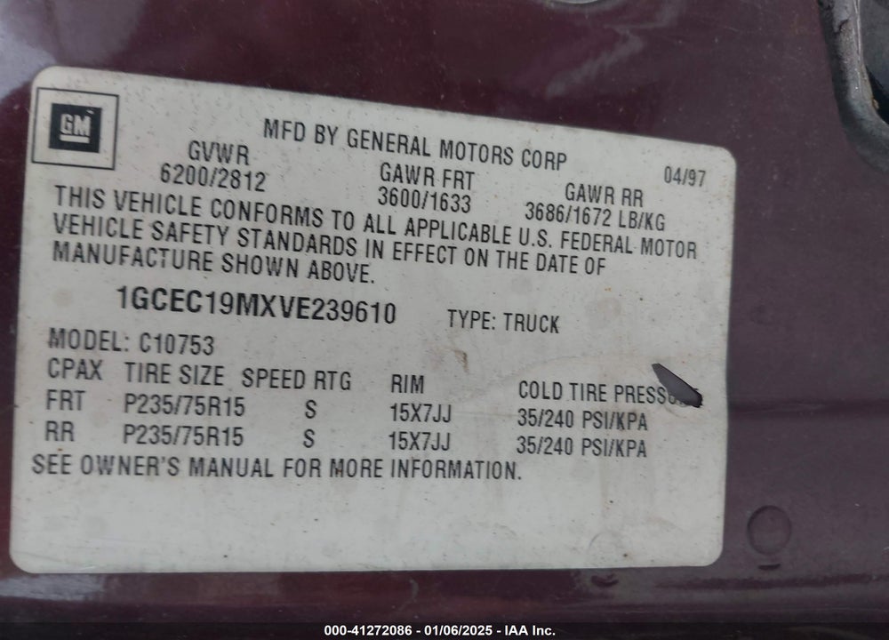 1997 CHEVROLET C1500 FLEETSIDE VIN: 1GCEC19MXVE239610