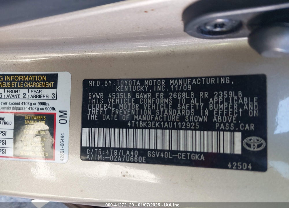 2010 TOYOTA CAMRY VIN: 4T1BK3EK1AU112925