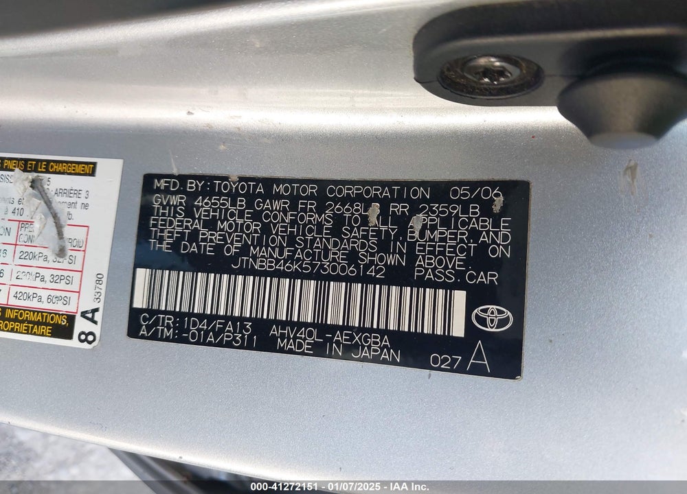 2007 TOYOTA CAMRY HYBRID VIN: JTNBB46K573006142