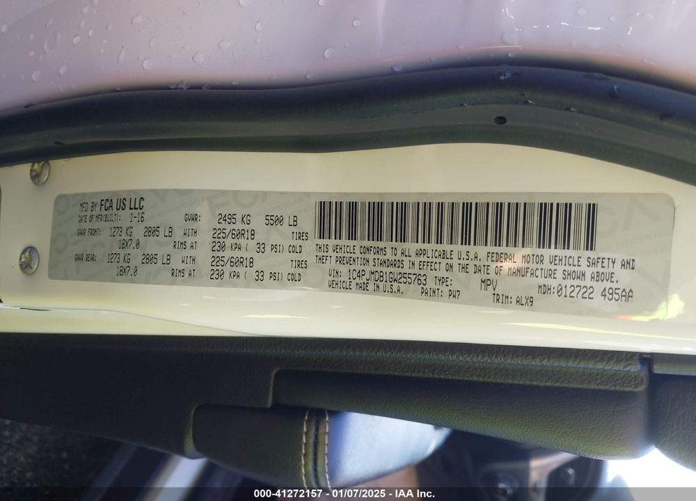 2016 JEEP CHEROKEE LIMITED VIN: 1C4PJMDB1GW255763