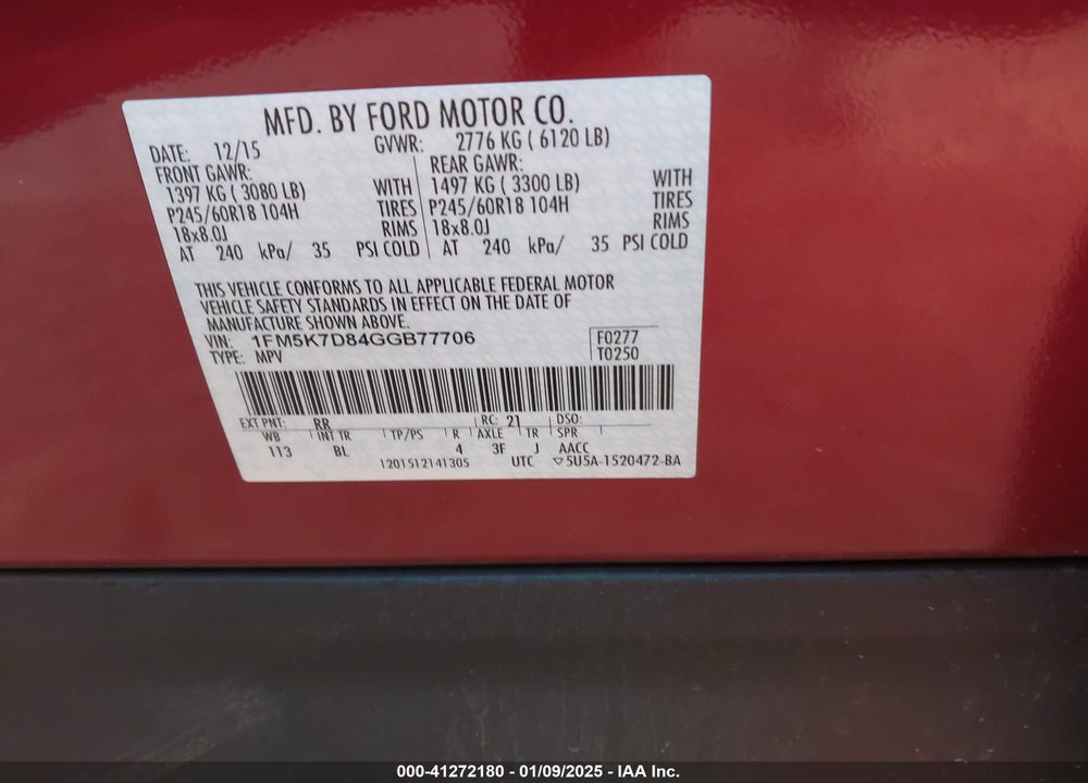 2016 FORD EXPLORER XLT VIN: 1FM5K7D84GGB77706