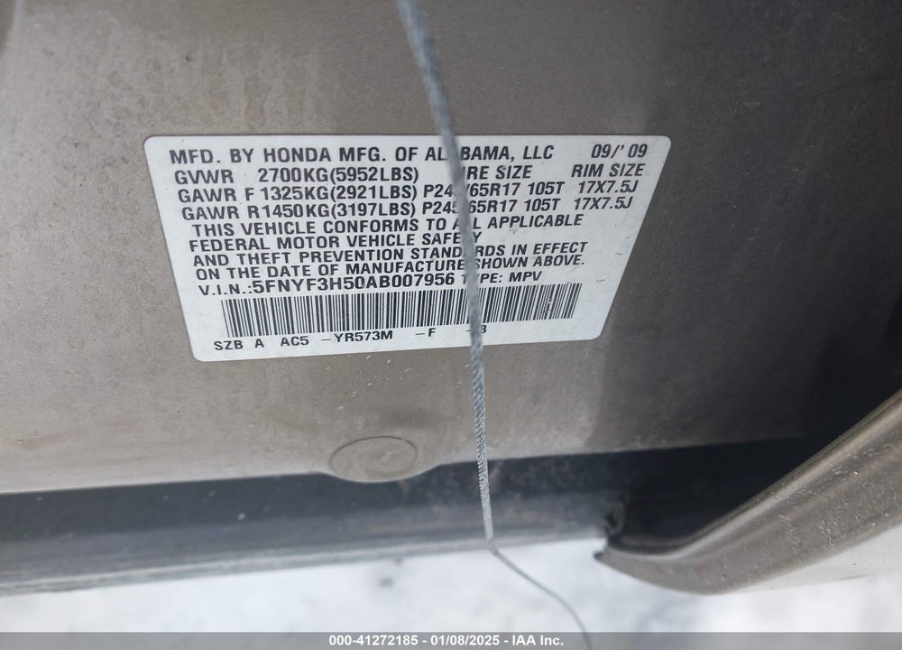 2010 HONDA PILOT EX-L VIN: 5FNYF3H50AB007956