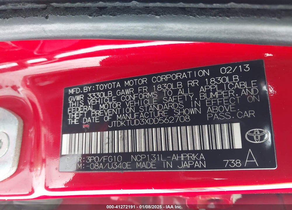 2013 TOYOTA YARIS L VIN: JTDKTUD3XDD562708