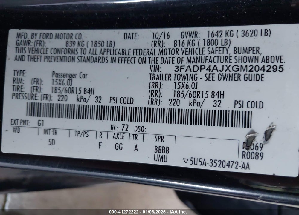 2016 FORD FIESTA S VIN: 3FADP4AJXGM204295
