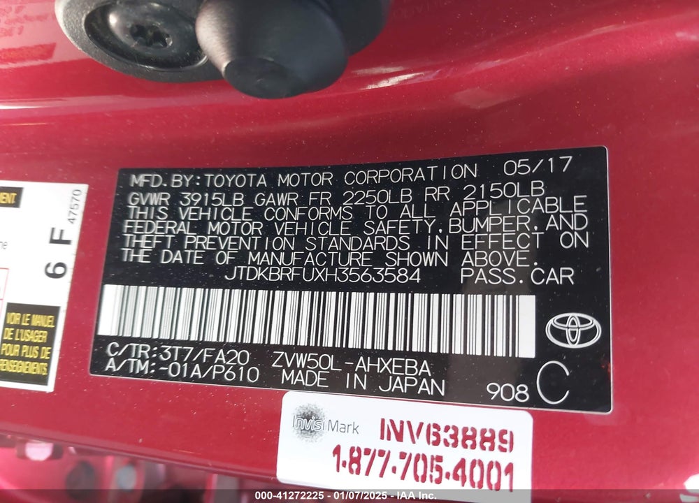 2017 TOYOTA PRIUS ONE VIN: JTDKBRFUXH3563584