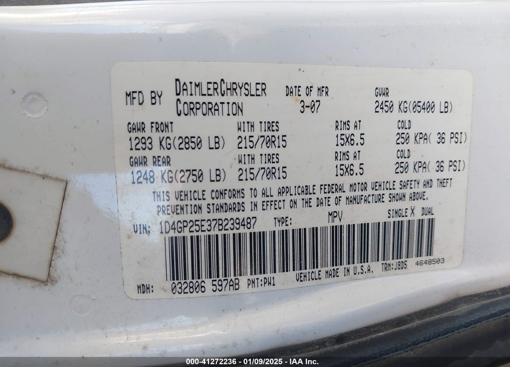 2007 DODGE CARAVAN SE VIN: 1D4GP25E37B239487