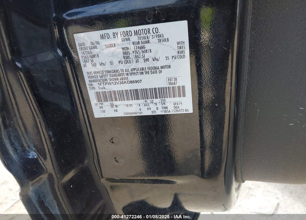 2006 FORD F-150 LARIAT/XLT VIN: 1FTPW12V36KD86907