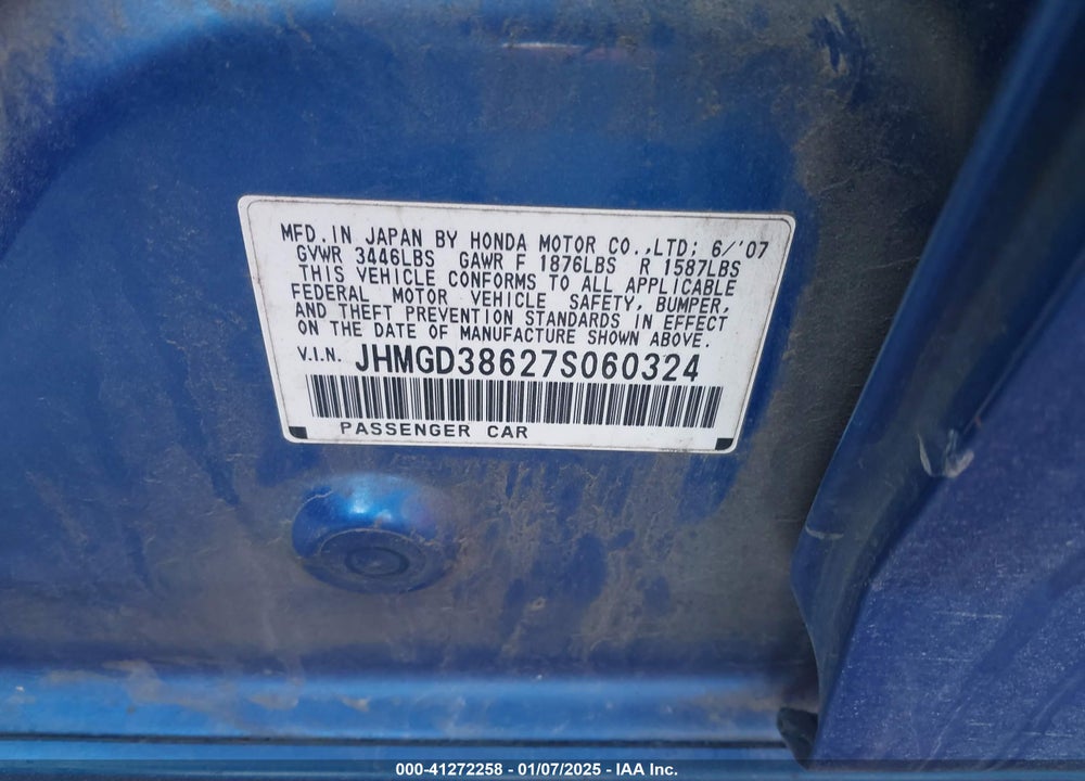 2007 HONDA FIT SPORT VIN: JHMGD38627S060324