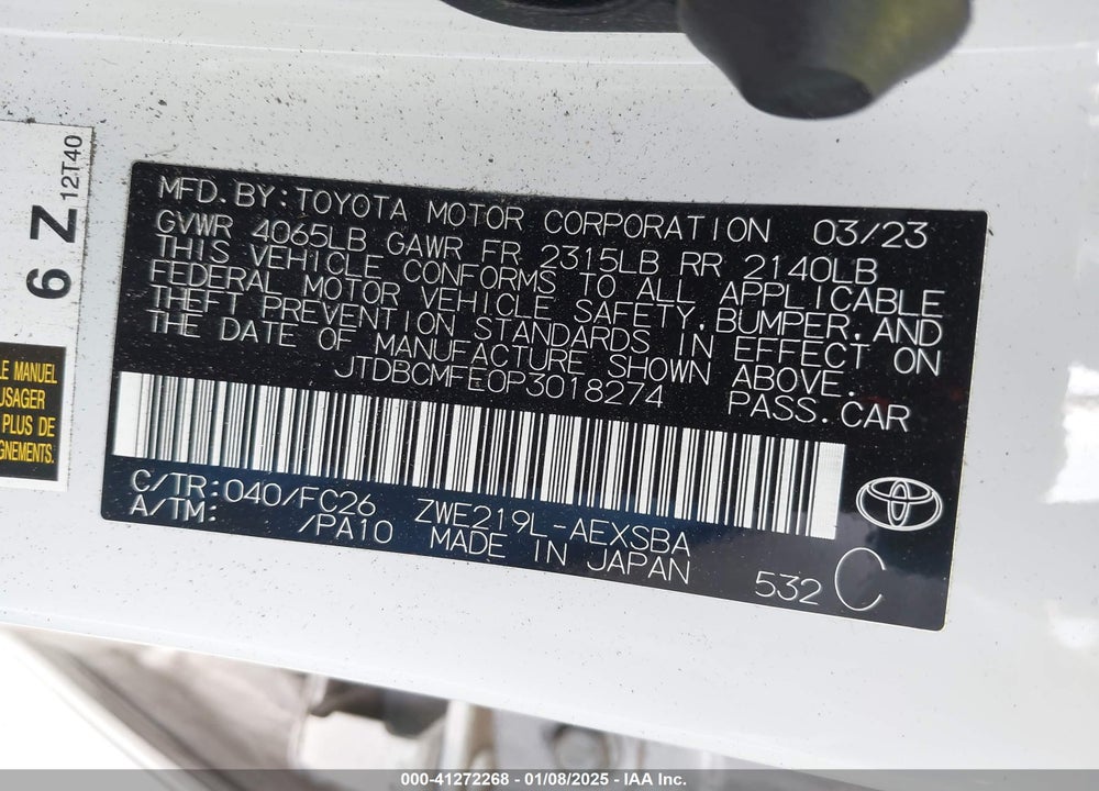 2023 TOYOTA COROLLA VIN: JTDBCMFE0P3018274