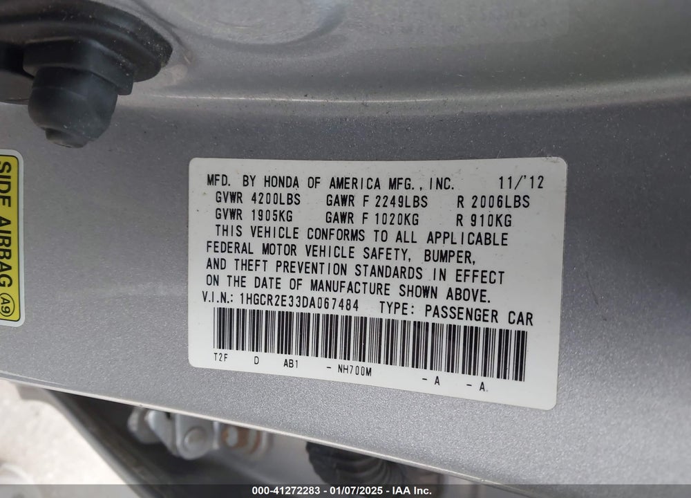 2013 HONDA ACCORD VIN: 1HGCR2E33DA067484