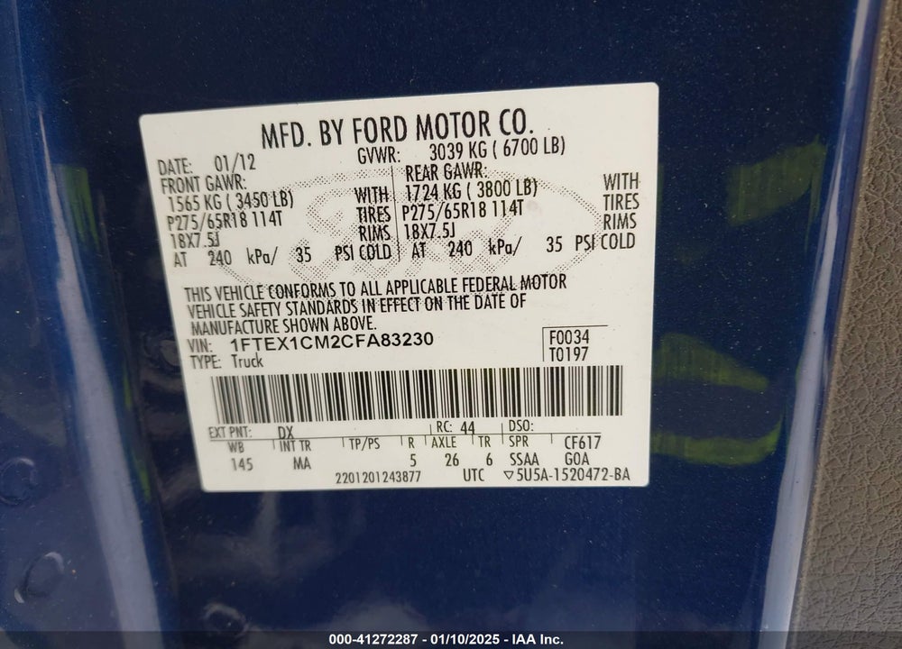 2012 FORD F-150 VIN: 1FTEX1CM2CFA83230