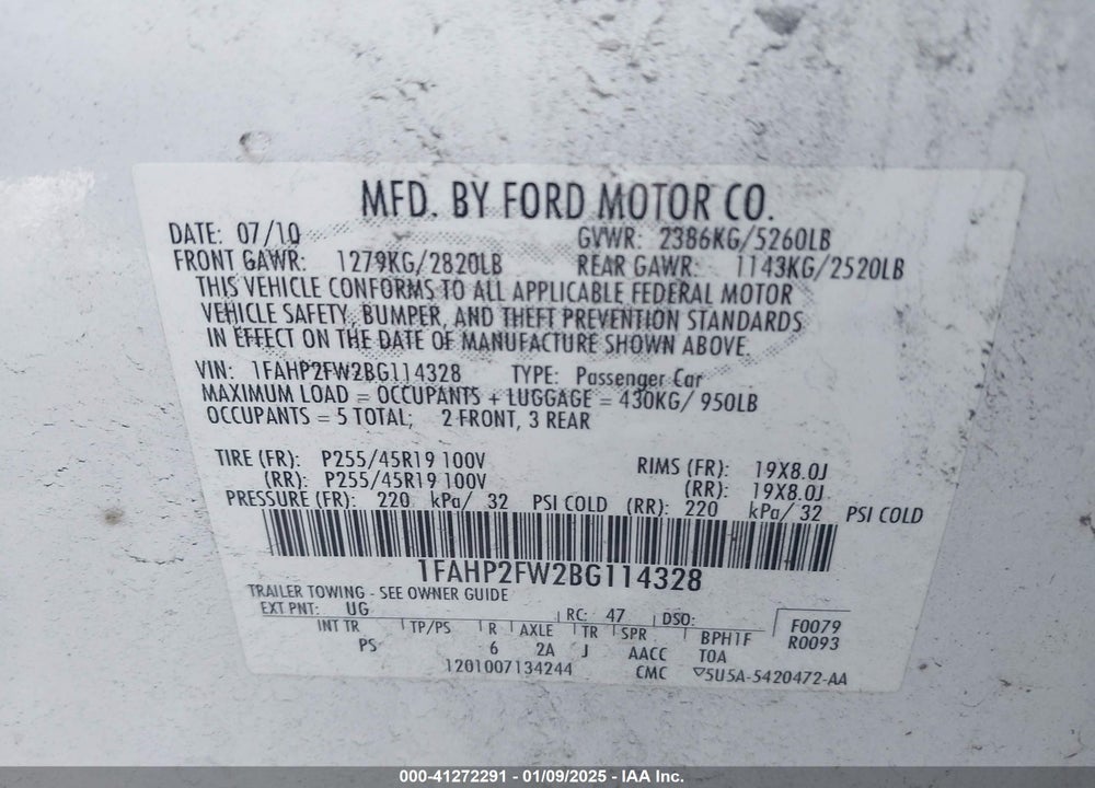 2011 FORD TAURUS VIN: 1FAHP2FW2BG114328