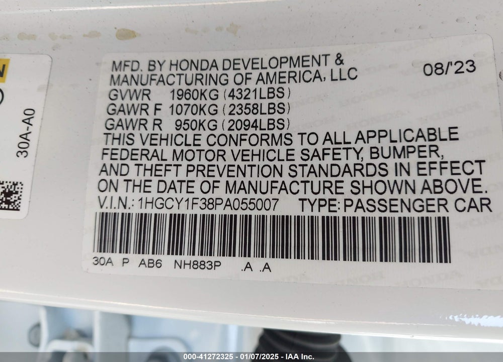 2023 HONDA ACCORD VIN: 1HGCY1F38PA055007