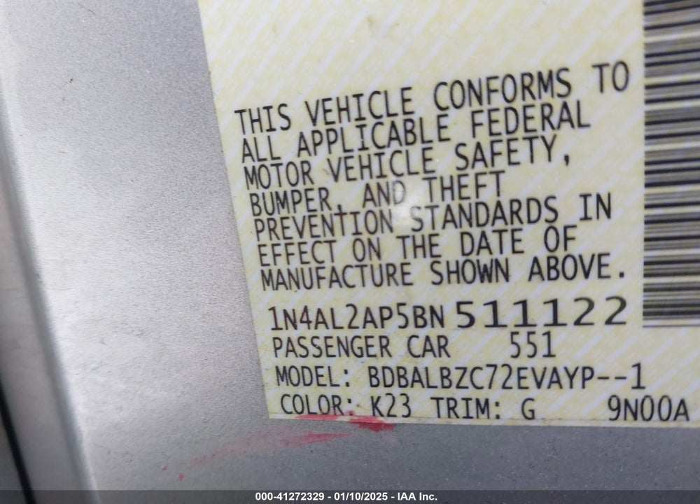 2011 NISSAN ALTIMA VIN: 1N4AL2AP5BN511122