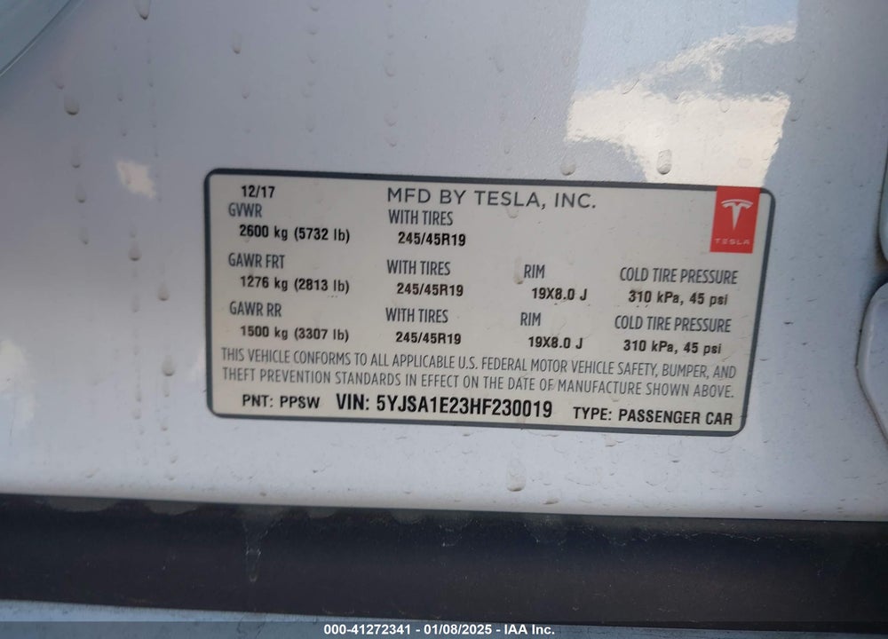2017 TESLA MODEL S VIN: 5YJSA1E23HF230019