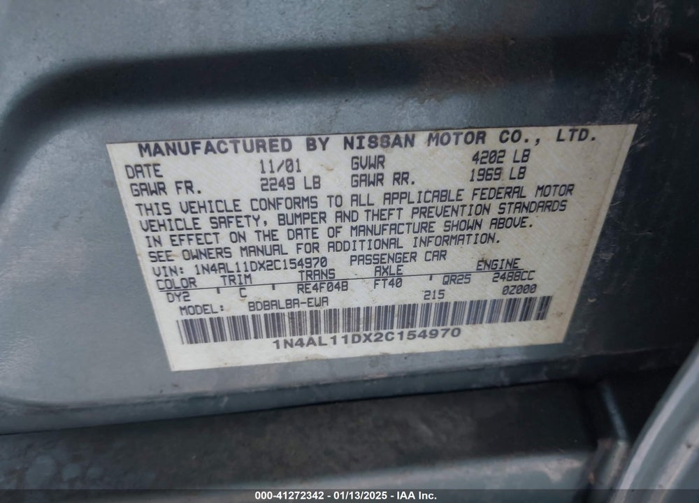 2002 NISSAN ALTIMA 2.5 S VIN: 1N4AL11DX2C154970