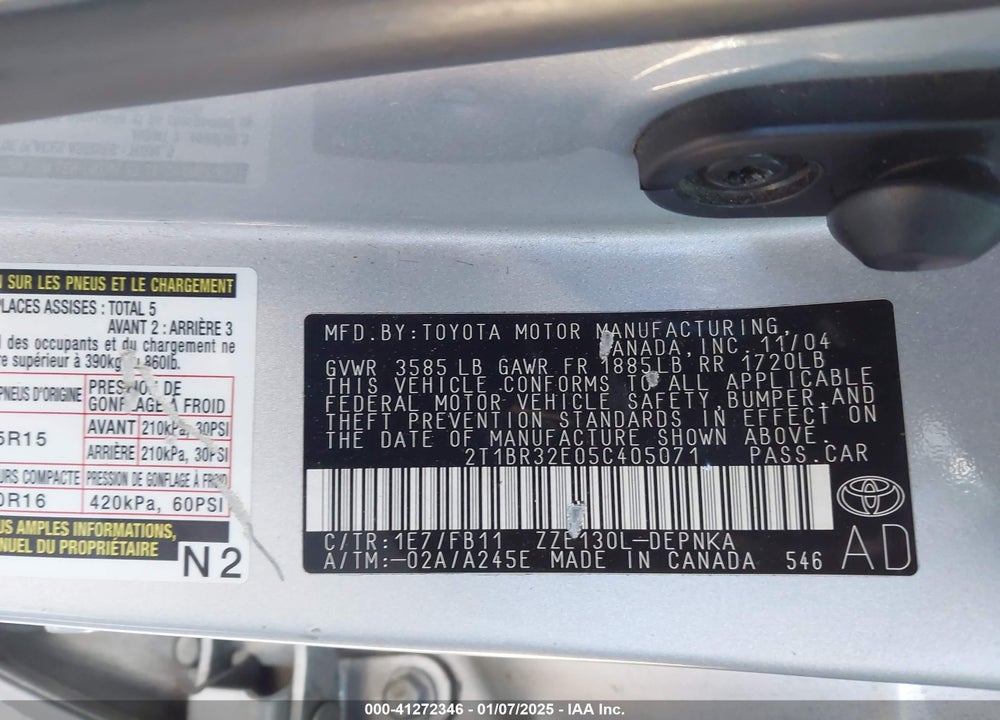 2005 TOYOTA COROLLA LE VIN: 2T1BR32E05C405071