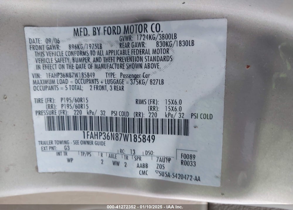 2007 FORD FOCUS SE/SES VIN: 1FAHP36N87W185849