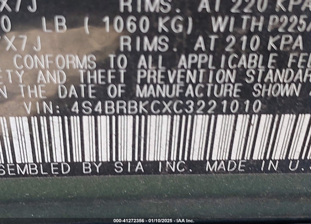 2012 SUBARU OUTBACK 2.5I LIMITED VIN: 4S4BRBKCXC3221010