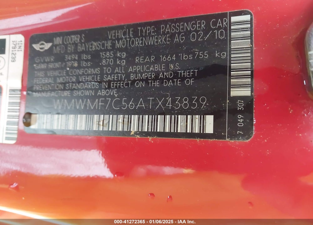2010 MINI COOPER S VIN: WMWMF7C56ATX43839