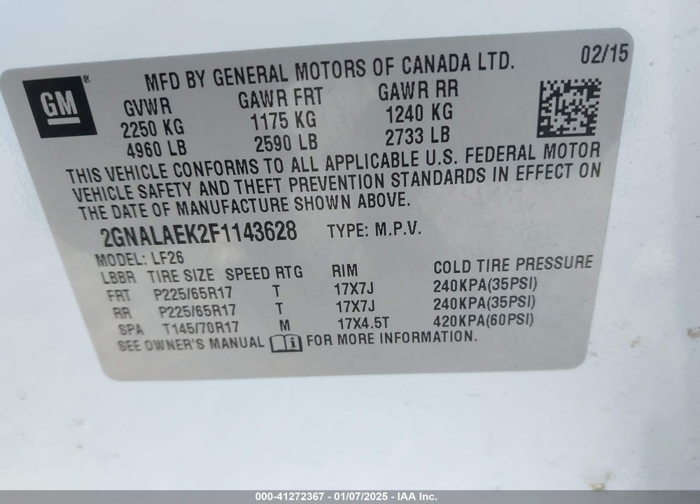 2015 CHEVROLET EQUINOX LS VIN: 2GNALAEK2F1143628