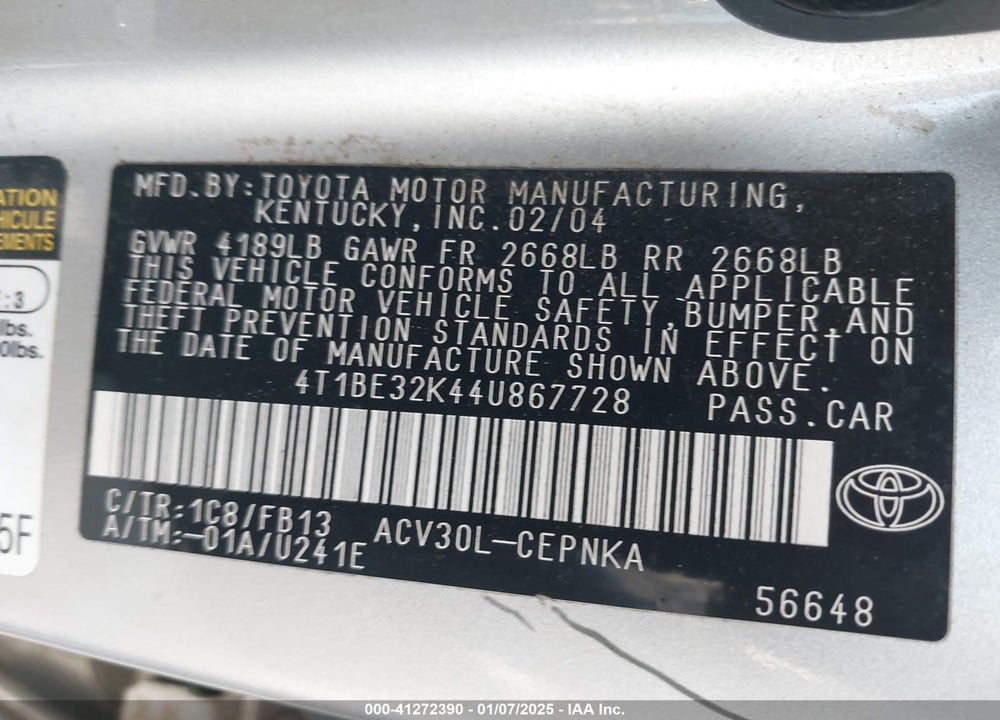 2004 TOYOTA CAMRY LE VIN: 4T1BE32K44U867728