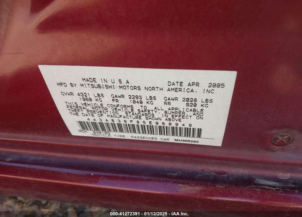 2005 MITSUBISHI GALANT ES/SE VIN: 4A3AB36F85E060949