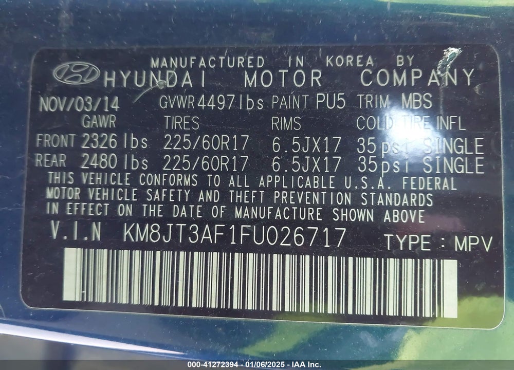 2015 HYUNDAI TUCSON GLS VIN: KM8JT3AF1FU026717