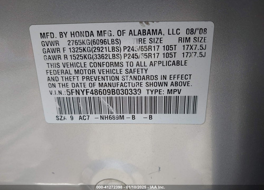 2009 HONDA PILOT EX-L VIN: 5FNYF48609B030339