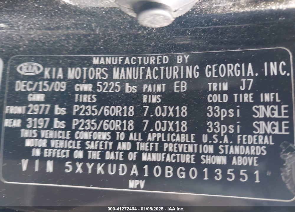 2011 KIA SORENTO VIN: 5XYKUDA10BG013551