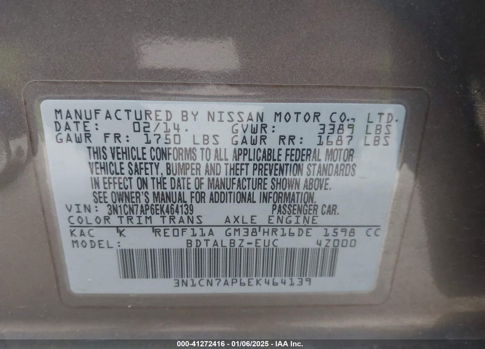 2014 NISSAN VERSA VIN: 3N1CN7AP6EK464139