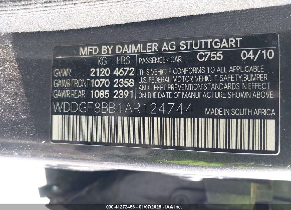 2010 MERCEDES-BENZ C 300 VIN: WDDGF8BB1AR124744