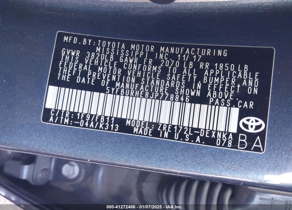 2018 TOYOTA COROLLA VIN: 5YFBURHE8JP778846
