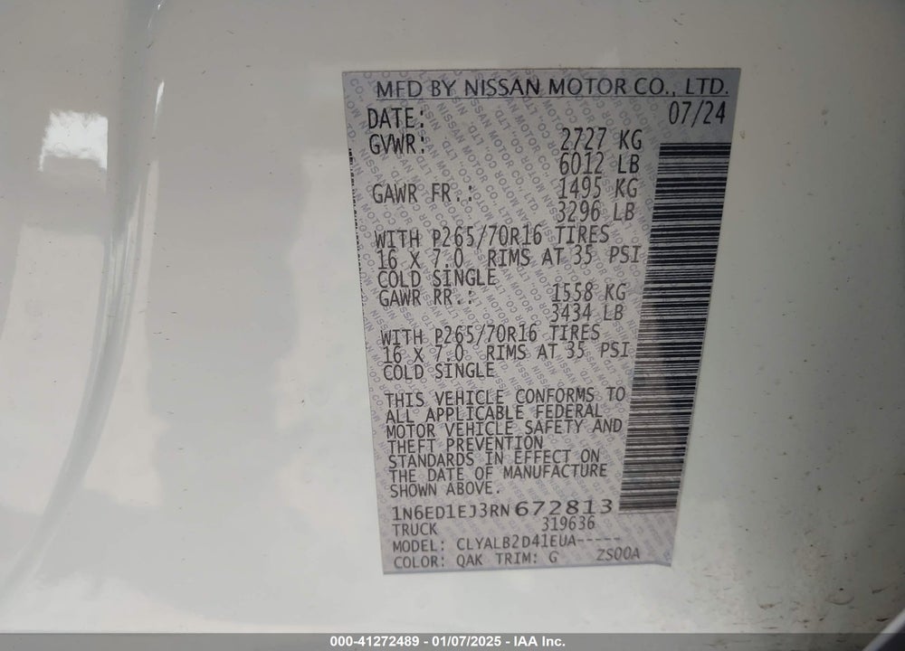 2024 NISSAN FRONTIER VIN: 1N6ED1EJ3RN672813